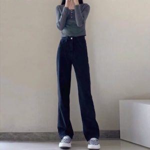 Quần jeans nữ kaki ống rộng xuông loe đứng, Quần bò cạp cao hottrend