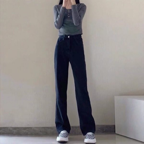 Quần jeans nữ kaki ống rộng xuông loe đứng, Quần bò cạp cao hottrend