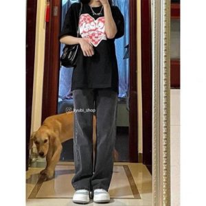 Quần jean nữ ống rộng đen xám phong cách Ulzzang School